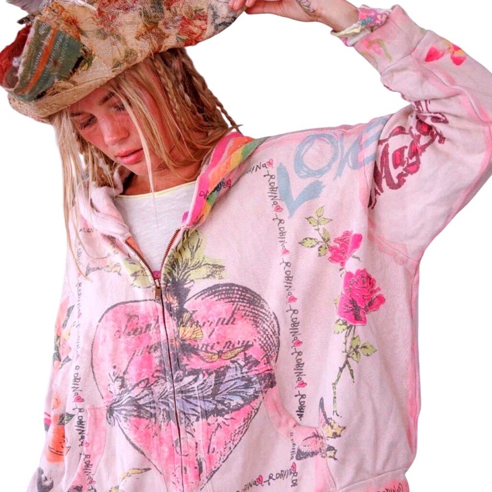 Magnolia Pearl Awaken Sleeping Heart Zip Up Hoodie Sweatshirt Front Pockets NWT